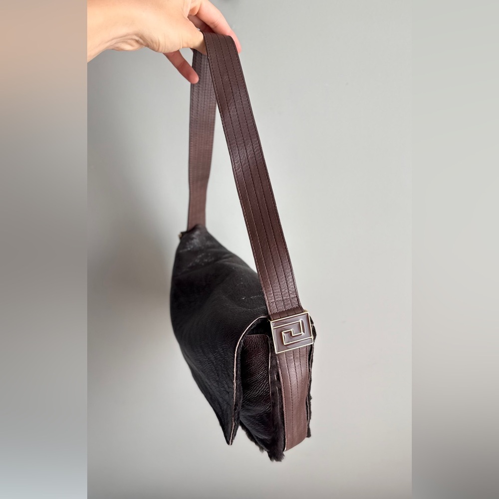 Y2K Gianni Versace Vintage “baguette “shoulder bag , chocolate colour with fur